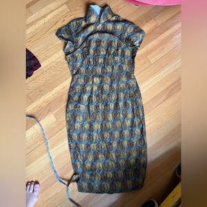 Vintage Cheongsam qipao chinese mandarin dress leaves olive turquoise S 2 4 luxe